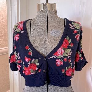 Navy Pink Floral Roses Short Sleeve Cropped Cardigan Shrug, size XL